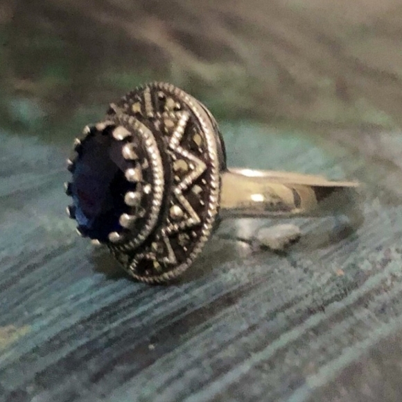 Vintage Maker OOP Sapphire Marcasite Sterling Silver Halo Statement Solitaire - Picture 4 of 4